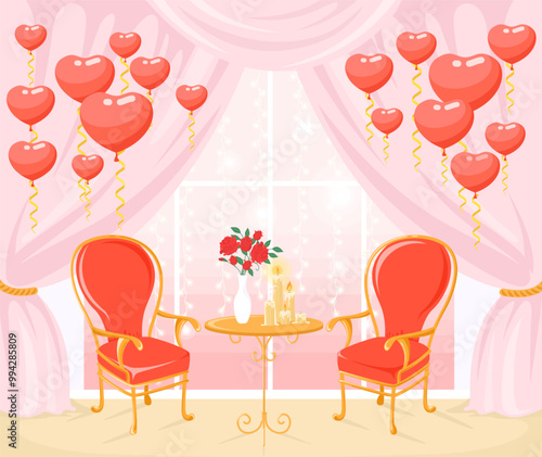 Romantic photo zone background with red hearts balloons, burning candles on table and armchairs vector illustration. Space for memory shooting on valentines day, engagement, wedding or anniversary