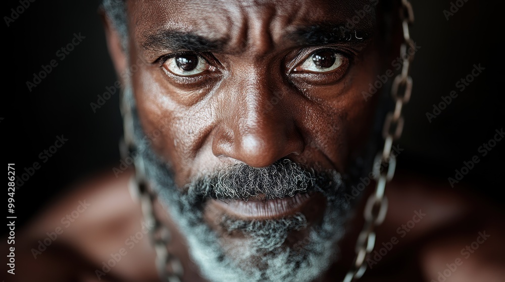 A mature man with a gray beard and chains looking intensely at the camera, showcasing a sense of strength, resilience, and determination against a dark background. A mature man with a gray beard and chains looking intensely at the camera, showcasing a sense of strength, resilience, and determination against a dark background.