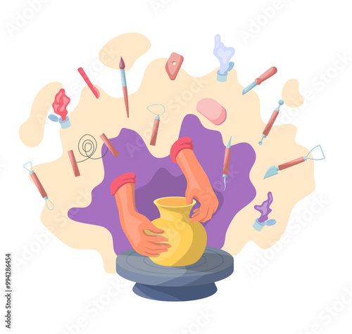 Cartoon Color Process of Creating Ceramics Concept Flat Design Style for Pottery Workshop or Studio. Vector illustration