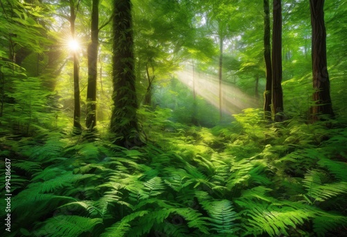 tranquil scene lush forest bathed dappled sunlight creating serene atmosphere full life natural beauty, nature, greenery, trees, leaves, undergrowth