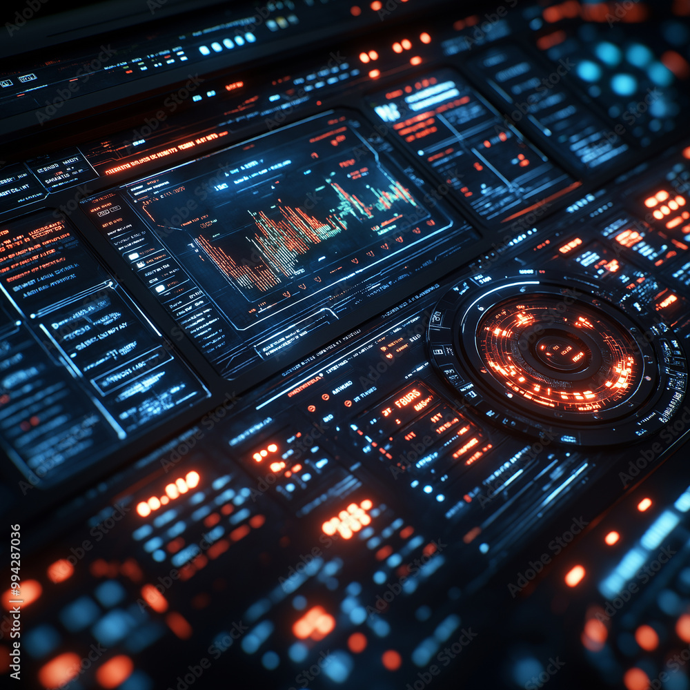 A computer monitor with a lot of glowing numbers and symbols A computer monitor with a lot of glowing numbers and symbols