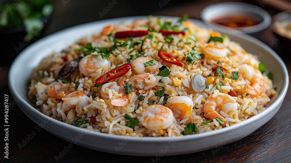 Seafood fried rice is mid-toss, with shrimp, scallops, and squid suspended in the air. Steam billows against the black backdrop, and the rice glistens under warm light, adding heat and flavor. Seafood fried rice is mid-toss, with shrimp, scallops, and squid suspended in the air. Steam billows against the black backdrop, and the rice glistens under warm light, adding heat and flavor.