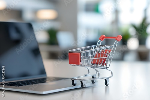 Shopping cart on laptop on office desk. E-commerce, retail, and marketing. Online shopping and marketplace concept. Black Friday discounts