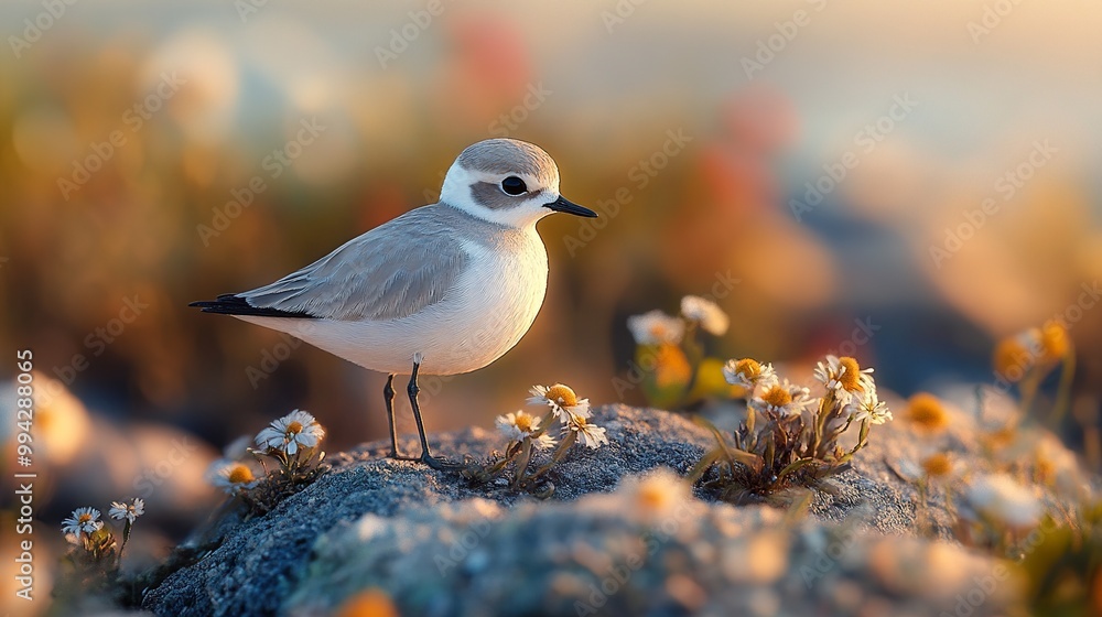 A Tiny Seabird Perched on a Rock, Surrounded by Flowers A Tiny Seabird Perched on a Rock, Surrounded by Flowers