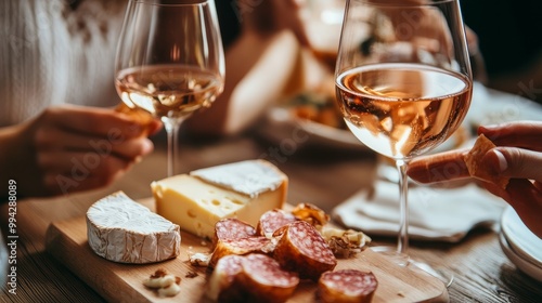 Women seated at a wooden table with cheese plates and wine glasses, close-up