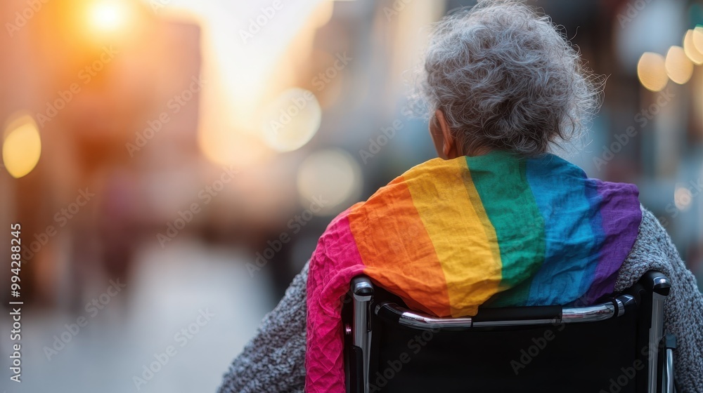 Obraz premium A back view of an elderly person sitting in a wheelchair adorned with a vibrant rainbow-colored scarf. The street is softly lit, indicating a serene evening ambiance.