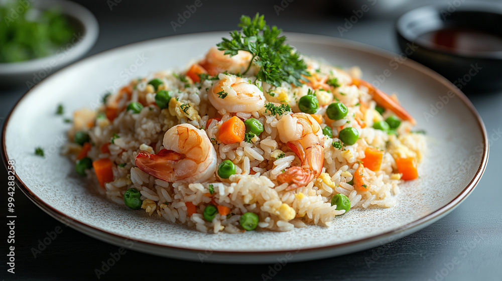 Seafood fried rice is mid-toss, with shrimp, scallops, and squid suspended in the air. Steam billows against the black backdrop, and the rice glistens under warm light, adding heat and flavor. Seafood fried rice is mid-toss, with shrimp, scallops, and squid suspended in the air. Steam billows against the black backdrop, and the rice glistens under warm light, adding heat and flavor.