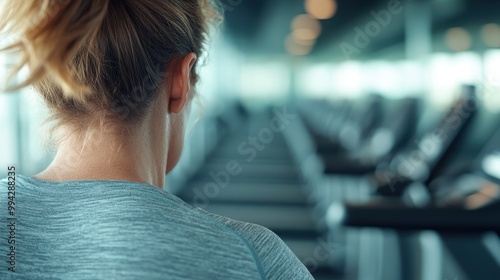 A shot from behind of a person in the gym, highlighting the rows of treadmills ahead, capturing the essence of dedication to fitness and personal health. photo