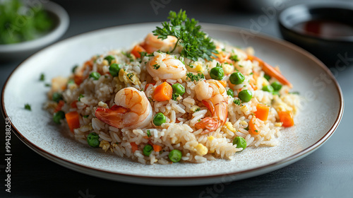 Seafood fried rice is mid-toss, with shrimp, scallops, and squid suspended in the air. Steam billows against the black backdrop, and the rice glistens under warm light, adding heat and flavor.