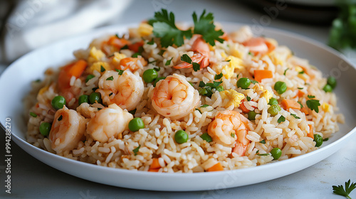 Seafood fried rice is mid-toss, with shrimp, scallops, and squid suspended in the air. Steam billows against the black backdrop, and the rice glistens under warm light, adding heat and flavor.