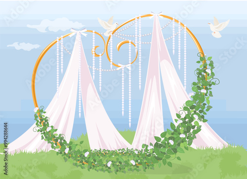 Romantic wedding photo zone background with white doves flying over arch construction in shape of heart and floral decoration vector illustration