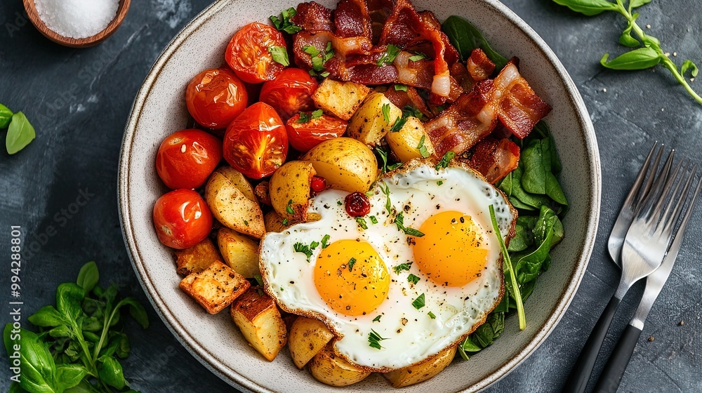 Wholesome Breakfast Bowl: Fried Eggs, Crispy Bacon, and Fresh Herbs – Perfect Poster for Your Sports Décor! Wholesome Breakfast Bowl: Fried Eggs, Crispy Bacon, and Fresh Herbs – Perfect Poster for Your Sports Décor!