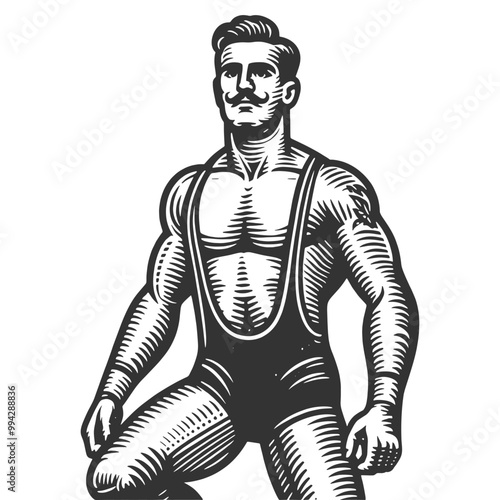 strongman wrestler, depicting strength and masculinity in retro style sketch engraving generative ai fictional character vector illustration. Scratch board imitation. Black and white image.