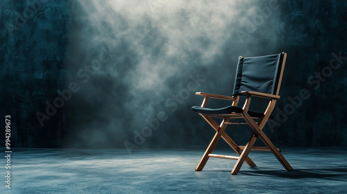 A single director chair in a spotlight.