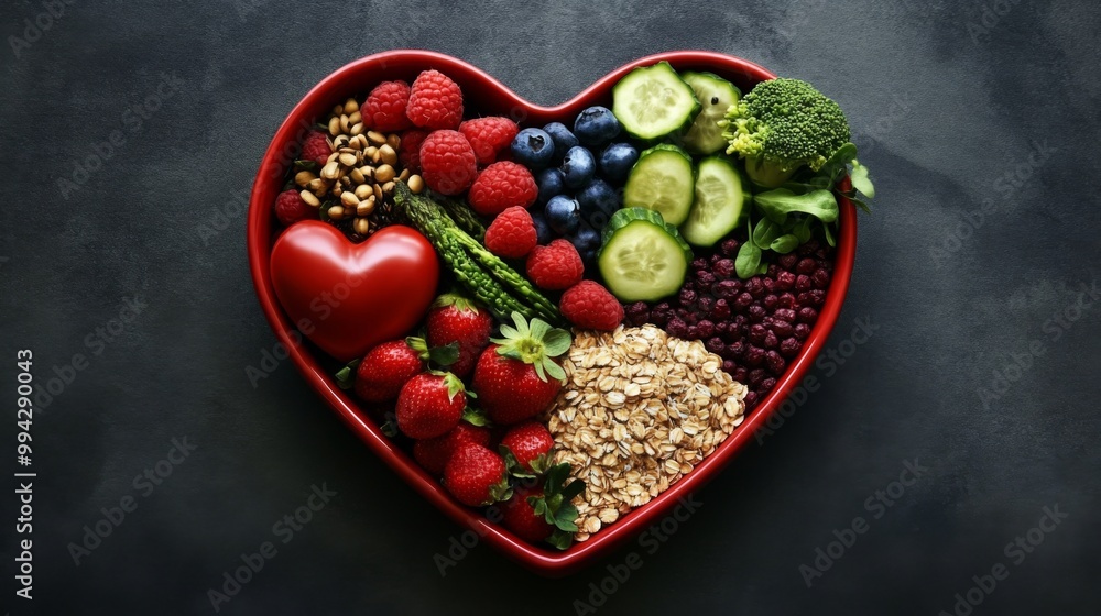 A heart-shaped bowl bursting with vibrant, nutritious foods. A heart-shaped bowl bursting with vibrant, nutritious foods.