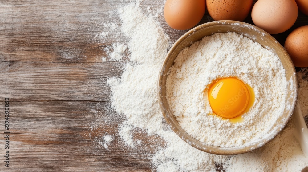 A rustic wooden table holds a bowl filled with flour and an egg yolk, surrounded by loose flour and eggs, ready for mixing into batter or dough for baking. A rustic wooden table holds a bowl filled with flour and an egg yolk, surrounded by loose flour and eggs, ready for mixing into batter or dough for baking.