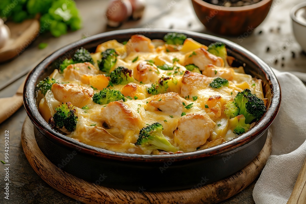 Baked Potato Chicken And Broccoli Casserole, Food Photography, Food Menu Style Photo Image Baked Potato Chicken And Broccoli Casserole, Food Photography, Food Menu Style Photo Image
