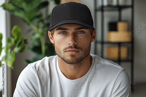 Black baseball caps mockup, male model