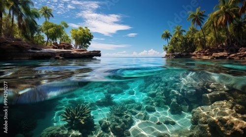 Tropical Paradise: Underwater View of a Palm-Fringed Lagoon