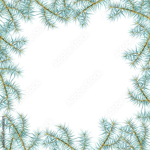 Fir green natural forest pine tree needles branches greenery hand drawn watercolor illustration frame square. Decorative winter seasonal isolated on white background. Decoration, poster, print card