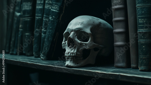 A skull resting on a shelf beside old books.