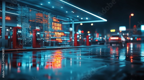 gas station fuel dispensers and increasing gasoline prices graph on a tech-inspired background, highlighting the economic impact and market analysis of fuel cost trends