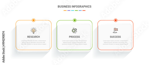 3 clean infographic design shaped elements template, symbolizing the three stages of business strategy and progression. Progress bar or timeline. Vector for presentation, web site or app.