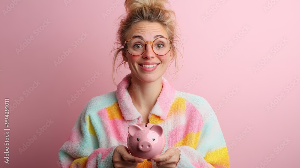 A cheerful woman stands in a pastel-colored robe, joyfully holding a piggy bank against a pink wall, presenting themes of financial savings and carefree happiness. A cheerful woman stands in a pastel-colored robe, joyfully holding a piggy bank against a pink wall, presenting themes of financial savings and carefree happiness.