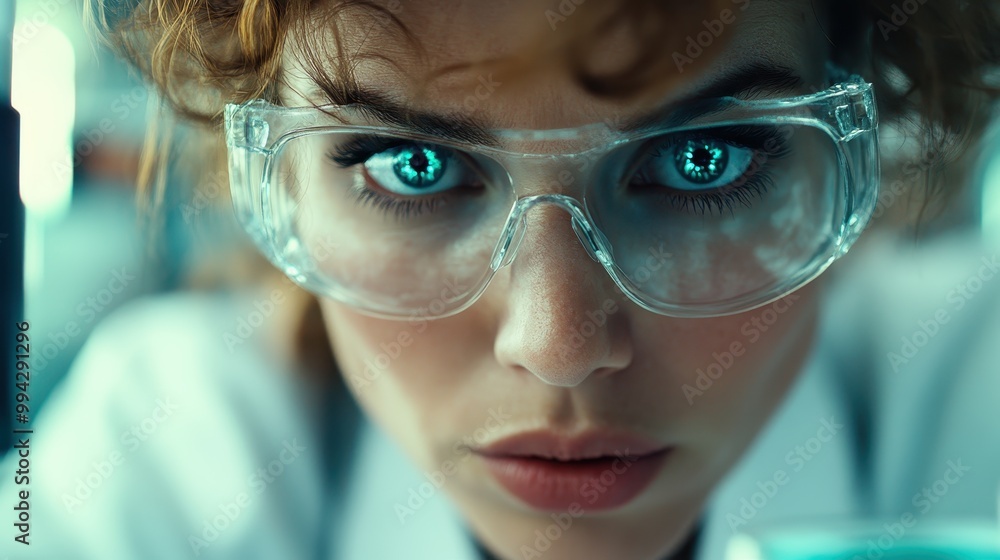 A focused woman with bright eyes peers through lab goggles, embodying themes of science, determination, and meticulous observation, against a soft-focus background. A focused woman with bright eyes peers through lab goggles, embodying themes of science, determination, and meticulous observation, against a soft-focus background.