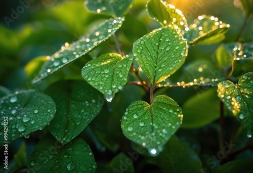 vibrant close dew kissed green leaves soft morning light sparkling water droplets, sparkle, greenery, sunlight, freshness, flora, landscapes, beauty