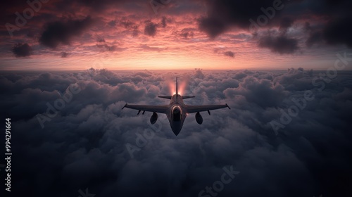 A jet plane flies above the clouds at dusk, creating a serene and adventurous scene with the colorful sky as a backdrop, evoking the spirit of exploration.