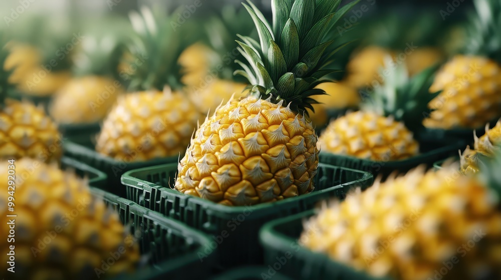 The image depicts a close-up view of several pineapples neatly arranged in green plastic crates, highlighting their textured skin and vibrant yellow color, suggesting freshness. The image depicts a close-up view of several pineapples neatly arranged in green plastic crates, highlighting their textured skin and vibrant yellow color, suggesting freshness.