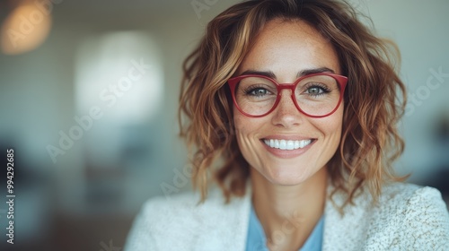 A friendly woman with distinct red glasses smiles warmly at the camera, exuding confidence and a positive vibe in a modern and stylish environment.