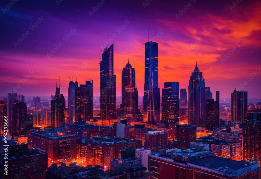 Obraz premium mesmerizing silhouettes urban skylines dusk sky displaying vibrant colors shapes, architecture, cityscape, horizon, lights, sunset, buildings, landscape