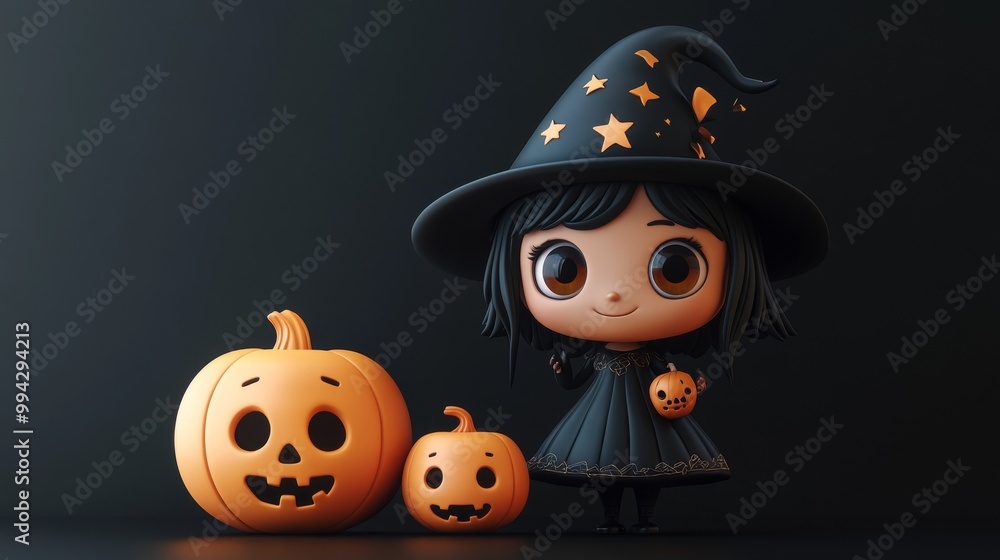 Cute Halloween Witch and Pumpkin Characters with Autumn Leaves Cute Halloween Witch and Pumpkin Characters with Autumn Leaves