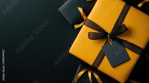 A beautifully wrapped gift box in yellow paper with a black ribbon and bow, placed on a black background, representing elegance, celebration, and the act of giving. photo