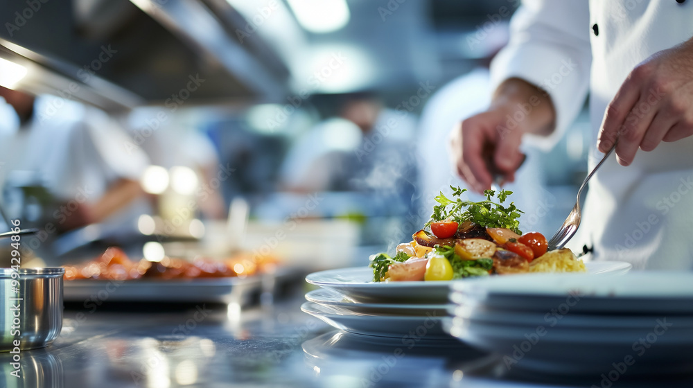 Chef garnishing a colorful dish in a busy kitchen. Chef garnishing a colorful dish in a busy kitchen.