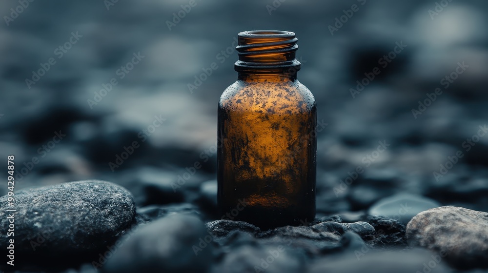 An old, antique bottle sitting among darkened stones on a moody shoreline, evoking feelings of mystery, history, and the passage of time in a melancholic setting. An old, antique bottle sitting among darkened stones on a moody shoreline, evoking feelings of mystery, history, and the passage of time in a melancholic setting.
