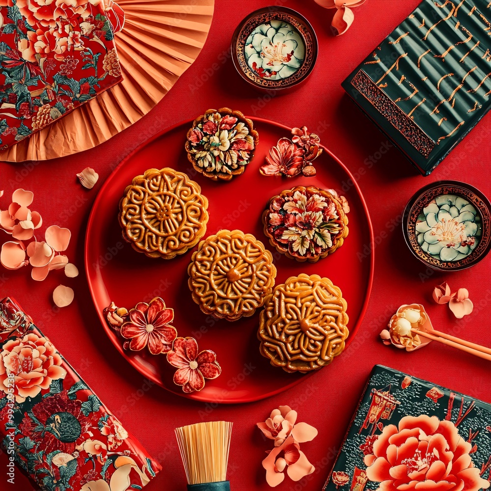 A vibrant overhead shot of traditional mooncakes on a decorative plate, surrounded by floral elements and festive packaging on a red backdrop. A vibrant overhead shot of traditional mooncakes on a decorative plate, surrounded by floral elements and festive packaging on a red backdrop.