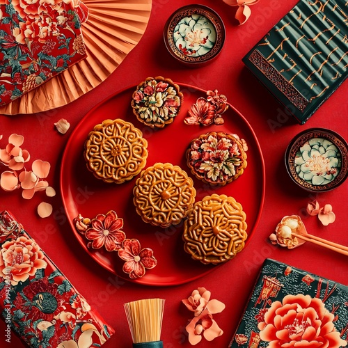 A vibrant overhead shot of traditional mooncakes on a decorative plate, surrounded by floral elements and festive packaging on a red backdrop.