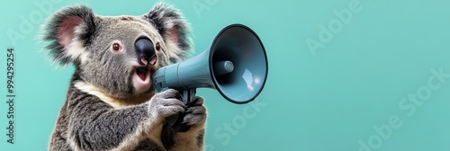 A playful koala holds a megaphone, symbolizing communication and creativity in a vibrant, whimsical setting, background with copy space