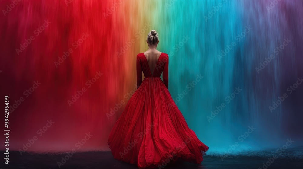 A woman in a flowing red dress stands before a brilliantly colorful rainbow cascade, symbolizing elegance, beauty, and the spectrum of human emotions and creativity. A woman in a flowing red dress stands before a brilliantly colorful rainbow cascade, symbolizing elegance, beauty, and the spectrum of human emotions and creativity.