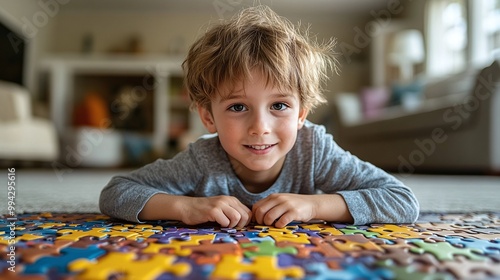 child with autism spectrum playing with puzzles on the floor, promoting learning, cognitive development, and sensory stimulation through fun and interactive activities