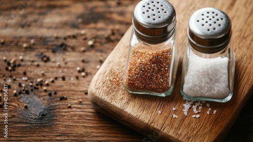 Fototapeta Naklejka Na Ścianę i Meble -  Two glass salt and pepper shakers on a rustic wooden kitchen table, with scattered peppercorns, representing essential kitchen condiments and a cozy cooking environment.