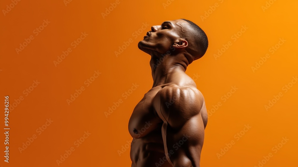 An athletic man with a shaved head and defined muscles poses in profile against a bright orange background, emphasizing strength, fitness, and modern minimalist aesthetics. An athletic man with a shaved head and defined muscles poses in profile against a bright orange background, emphasizing strength, fitness, and modern minimalist aesthetics.