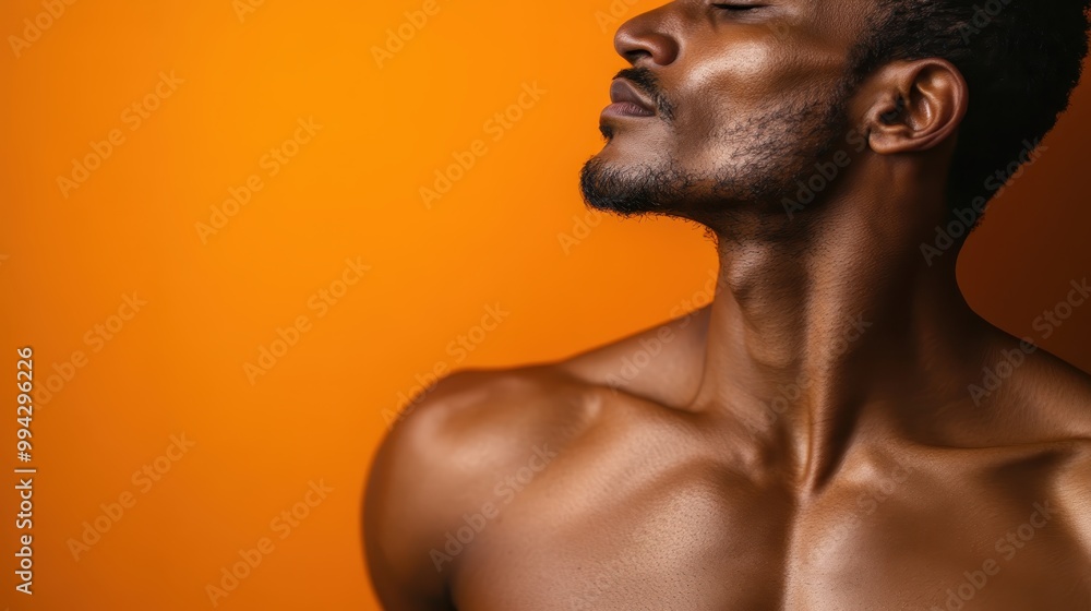 A fit male model displays his toned upper body and strong shoulder muscles against a warm orange background, emphasizing physical fitness and a healthy, active lifestyle. A fit male model displays his toned upper body and strong shoulder muscles against a warm orange background, emphasizing physical fitness and a healthy, active lifestyle.