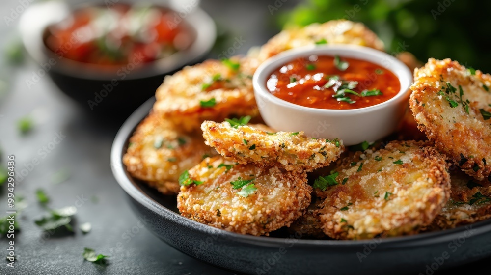A plate of crispy fried zucchini slices garnished with herbs, served with a marinara dipping sauce, presenting an appetizing and visually delightful snack. A plate of crispy fried zucchini slices garnished with herbs, served with a marinara dipping sauce, presenting an appetizing and visually delightful snack.