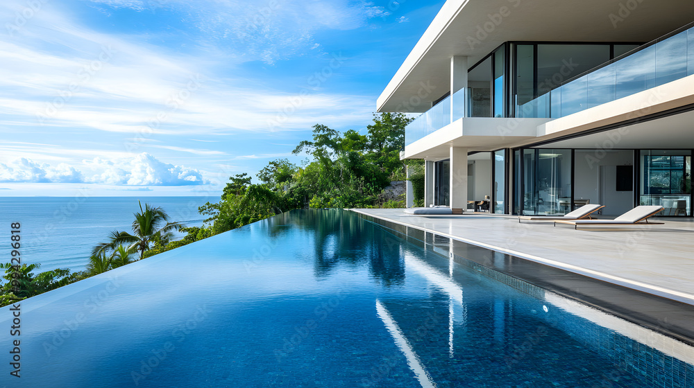 Fototapeta premium Modern luxury villa with infinity pool and ocean view, stunning beachfront property, tropical paradise, serene vacation home, architectural design, real estate, exotic retreat, dream getaway