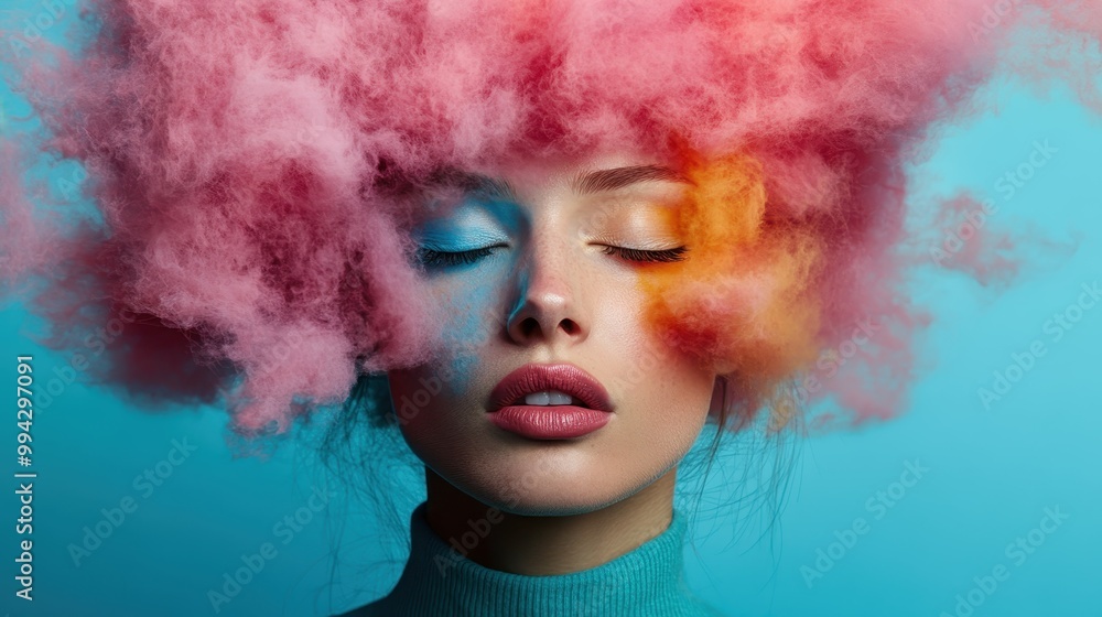 A woman sports vibrant pink cloud-like hair against a turquoise background, combining fashion, fantasy, and bold self-expression in an artistic style. A woman sports vibrant pink cloud-like hair against a turquoise background, combining fashion, fantasy, and bold self-expression in an artistic style.