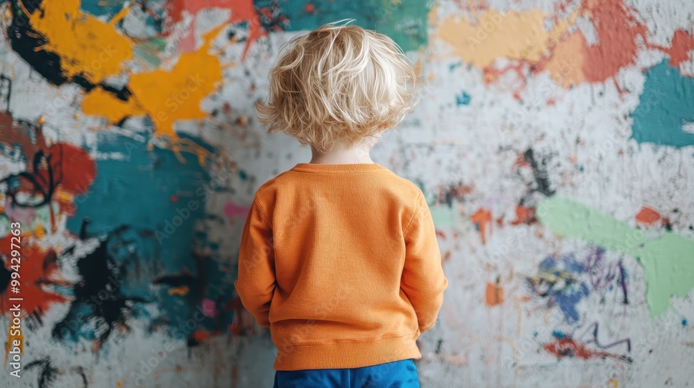 Obraz premium A young child with blond hair is facing away and admiring the colorful splashes of paint on a wall, emphasizing a mix of creativity, innocence, and artistic expression indoors.